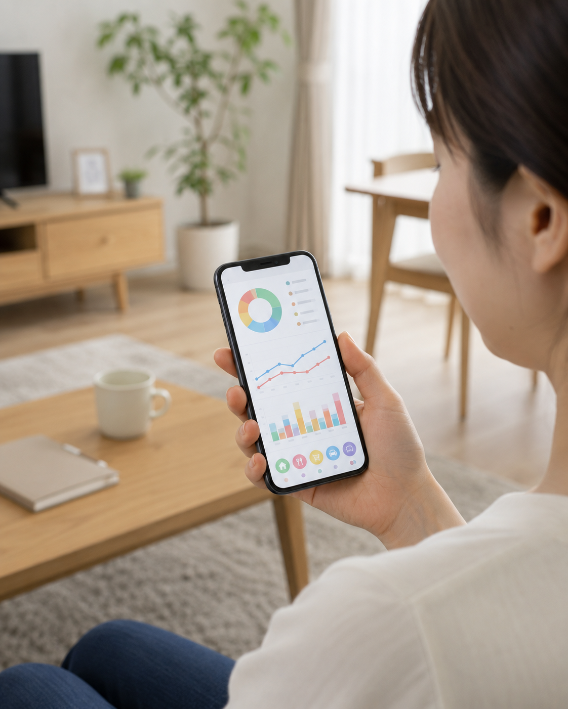 スマホで家計管理アプリを見る手元