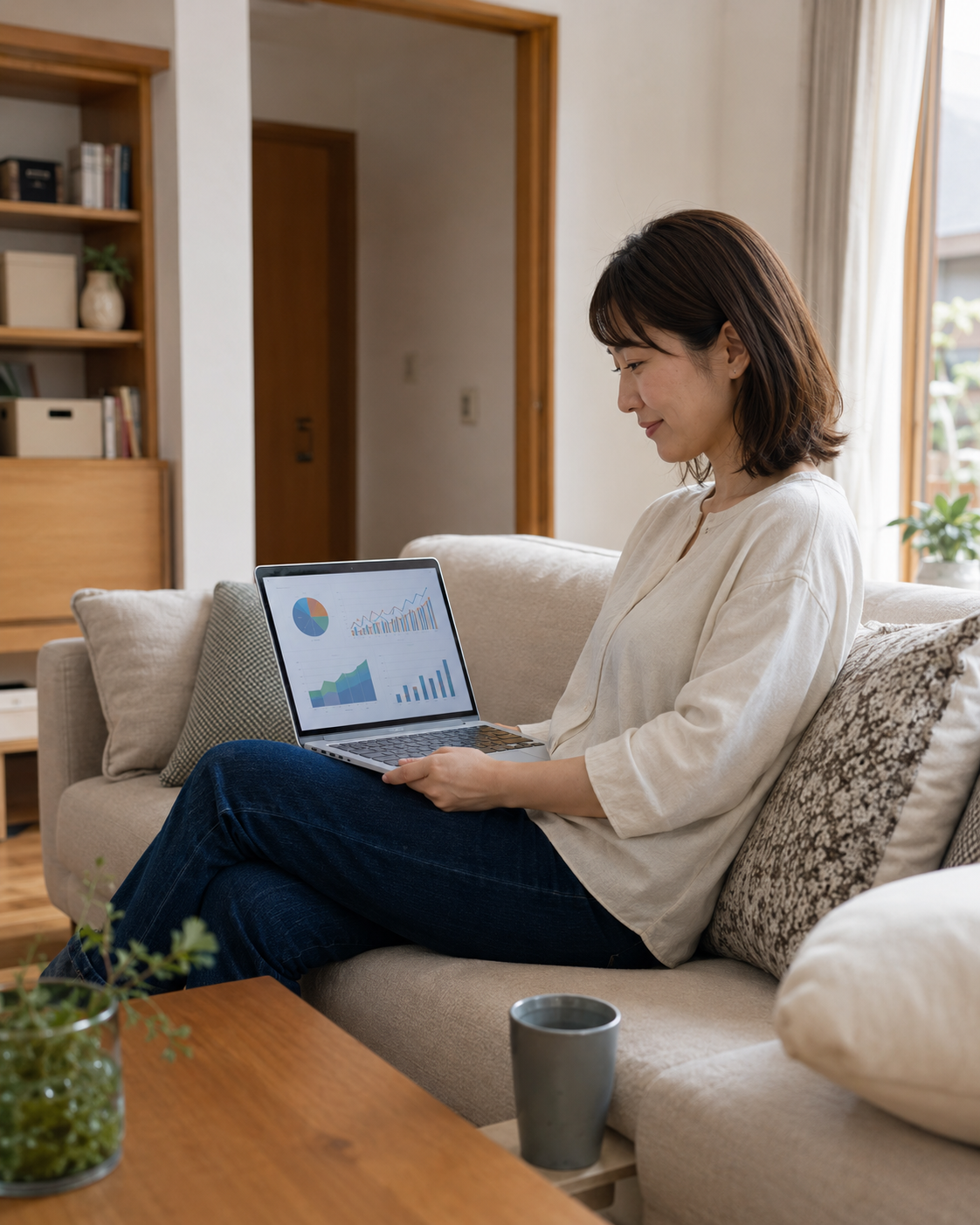 ソファでノートPCの資産グラフを見る女性