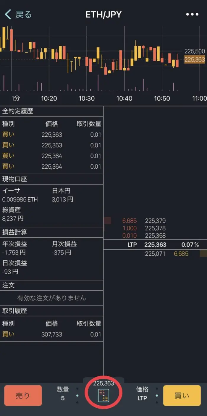 ETH/JPY 取引画面 → 中央下のアイコンをタップ