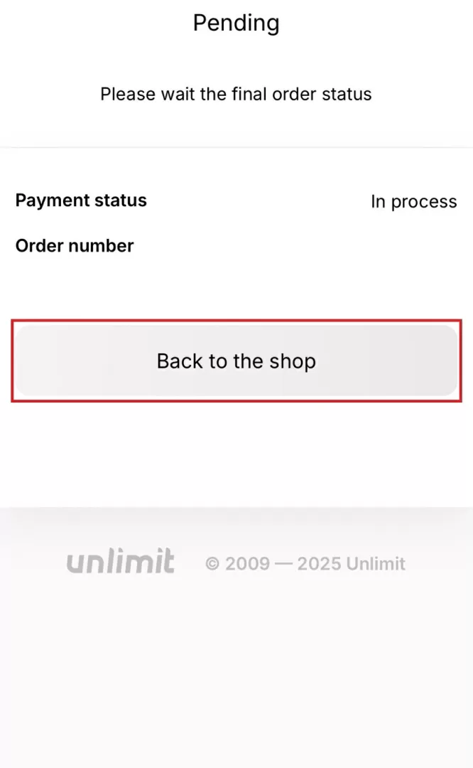 Pending 画面 → 「Back to the shop」で BitradeX に戻る