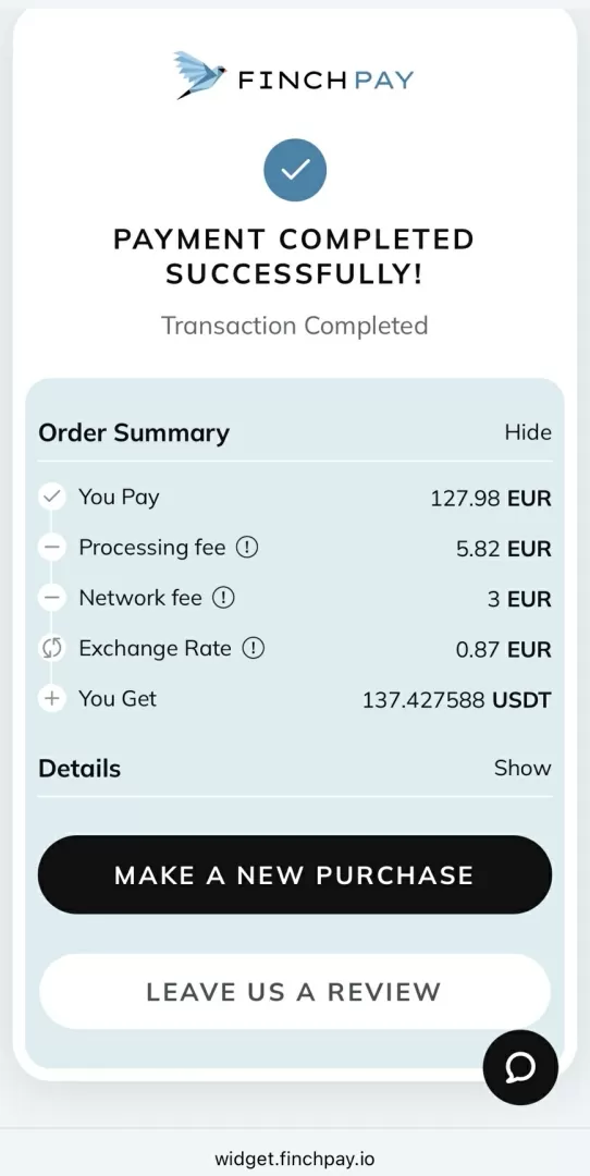 決済完了:You Pay 127.98 EUR → You Get 137.43 USDT