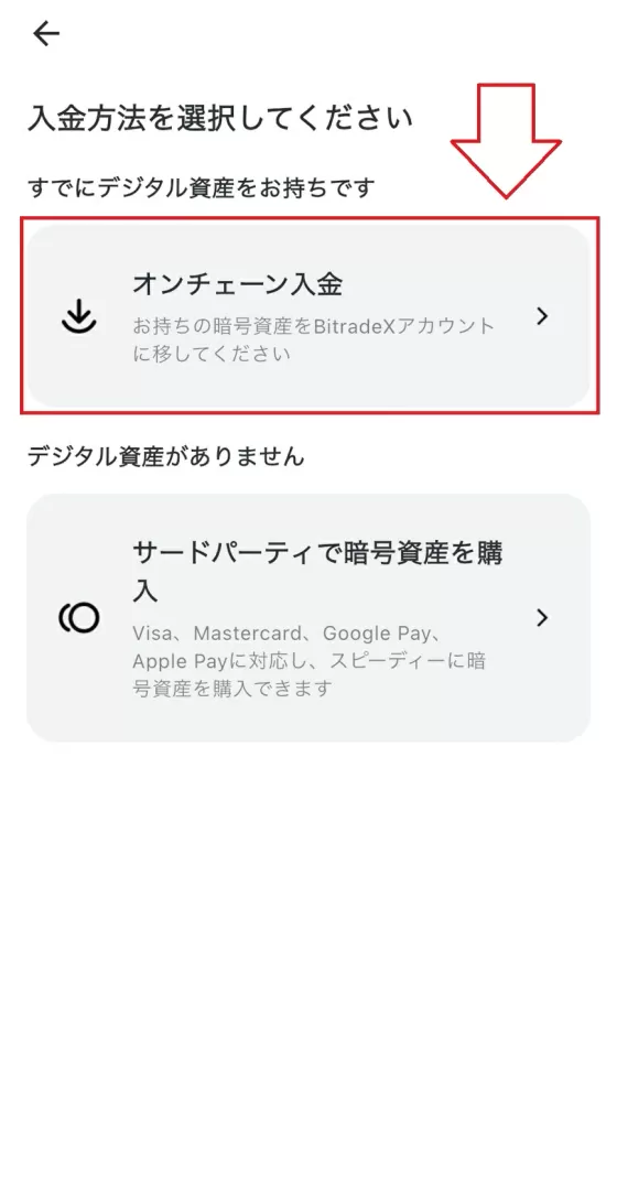 「オンチェーン入金」を選択