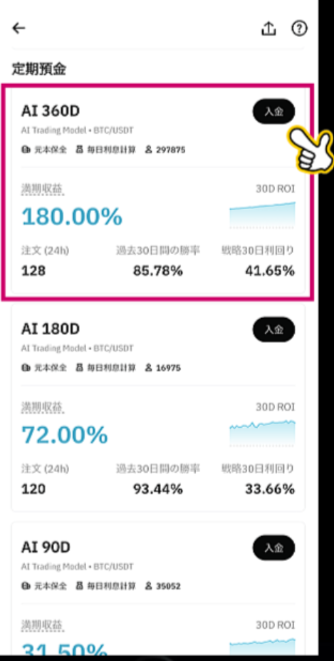 商品ラインナップ:AI 360D が満期収益 180% でトップ